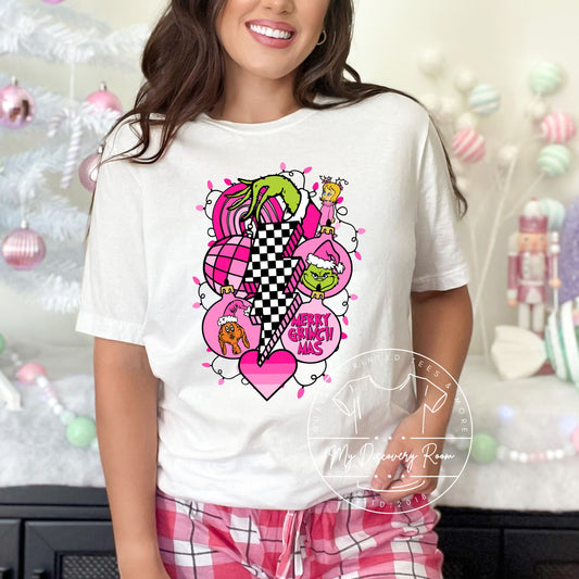 Pink christmas with checkered lightning bolt graphic tee