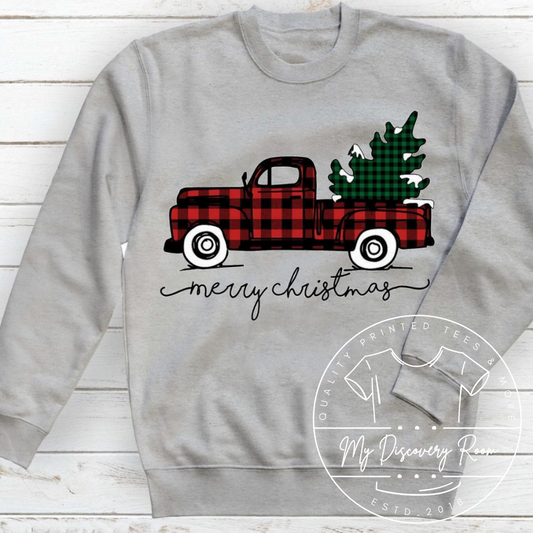 Buffalo Plaid Truck With Christmas Tree & Merry Christmas Graphic Tee