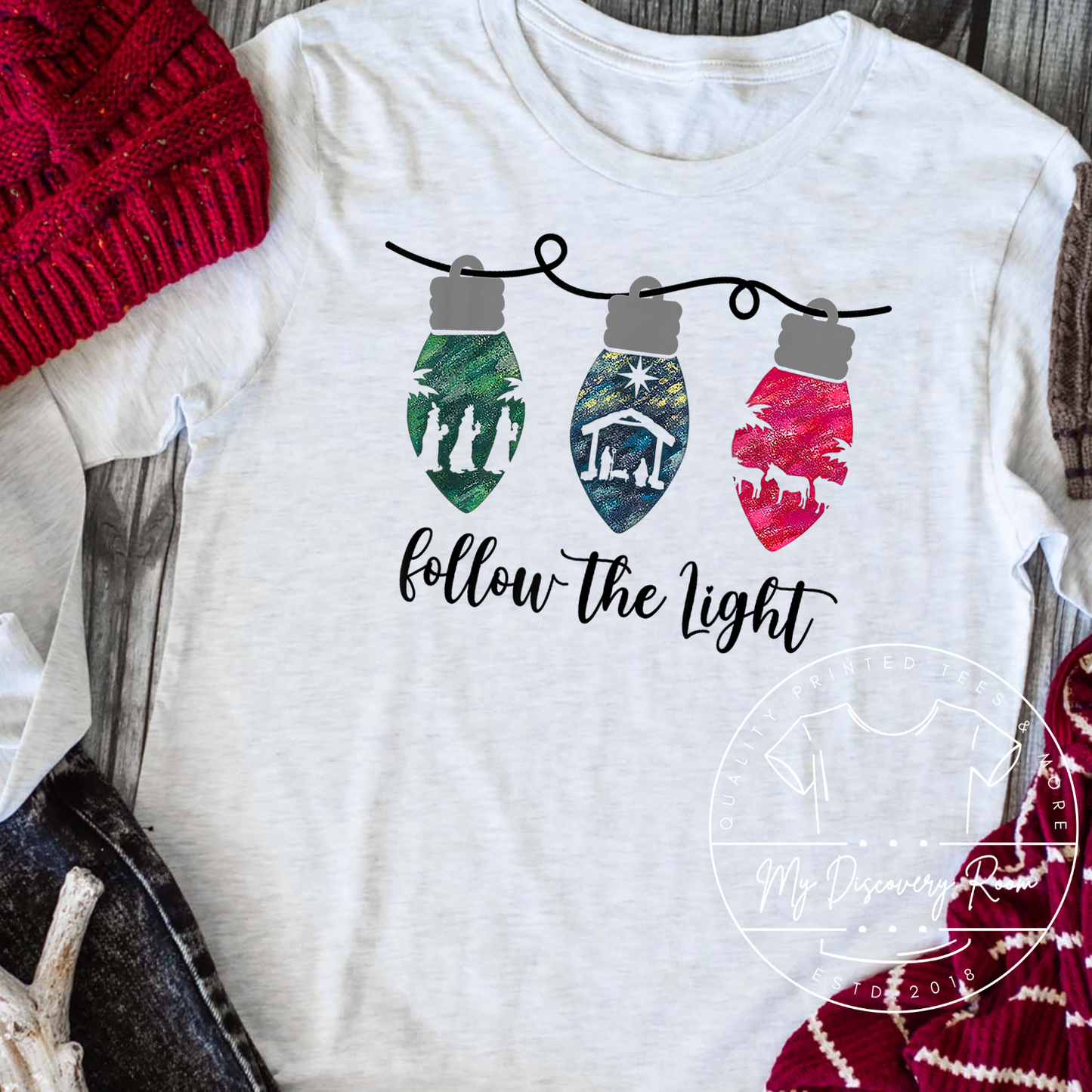 Follow The Light Christmas Light Nativity Graphic Tee