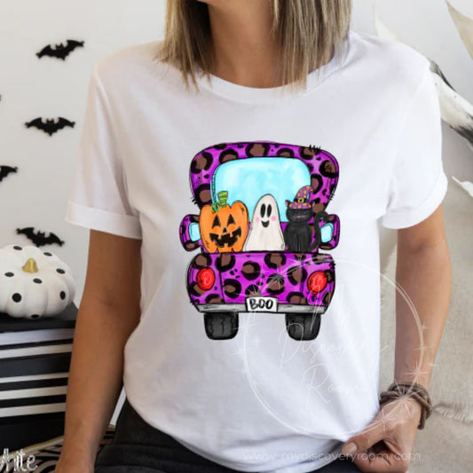 Whimsical Truck Bed With Pumpkin, Ghost, & Cat Graphic Tee