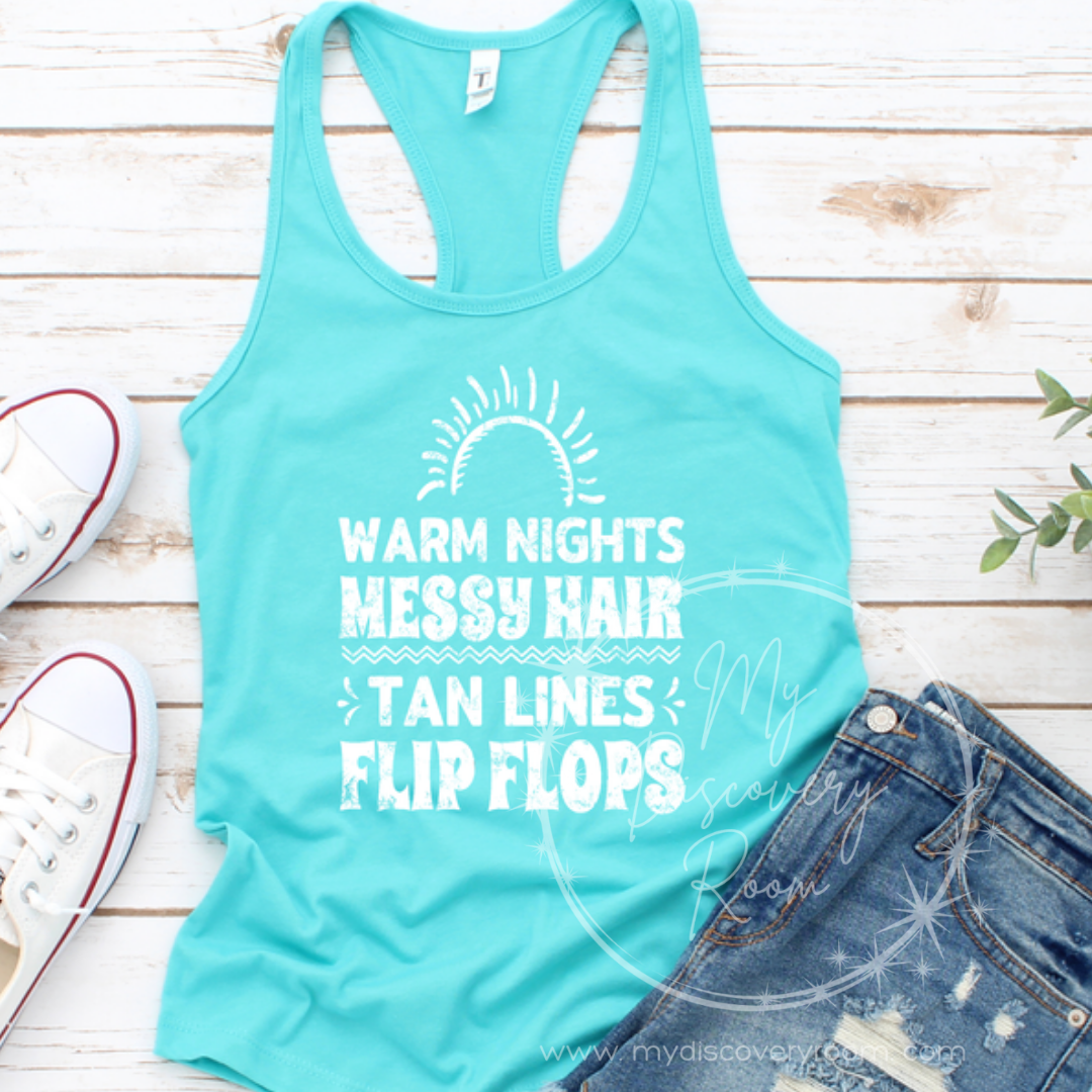 Warm Nights Messy Hair Tan Lines Flip Flops Graphic Tee