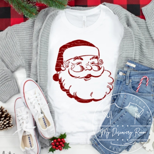 Santa Face In Distressed Red Ink Graphic Tee