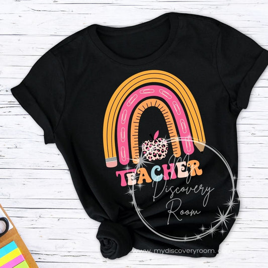 Teacher Rainbow with Leopard Apple Graphic Tee