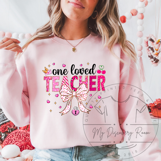 One Loved Teacher W/Bow Coquette Graphic Tee