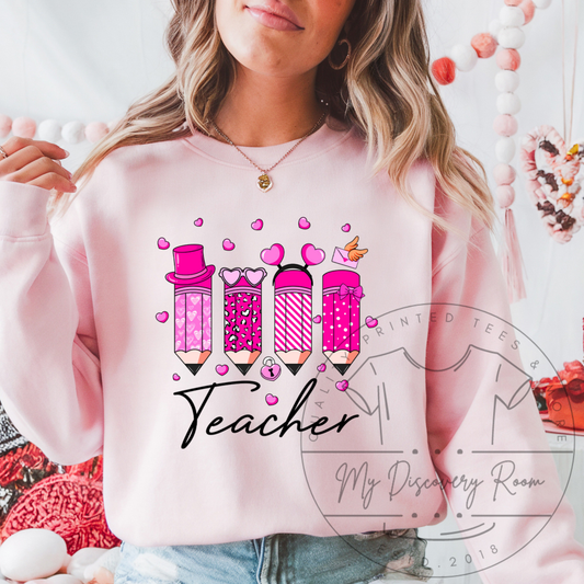 Teacher W/Pink Valentine Pencils Graphic Tee