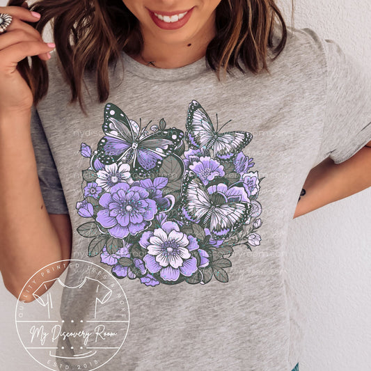 Purple and Gray Flowers And Butterflies Graphic Tee