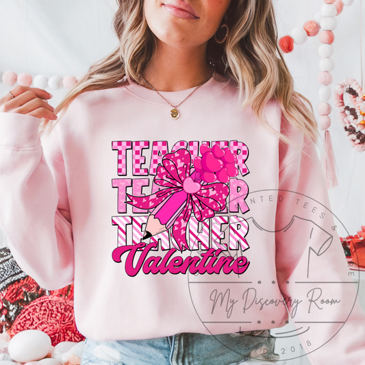 Teacher Valentine W/Pencil & Bow Coquette Graphic Tee