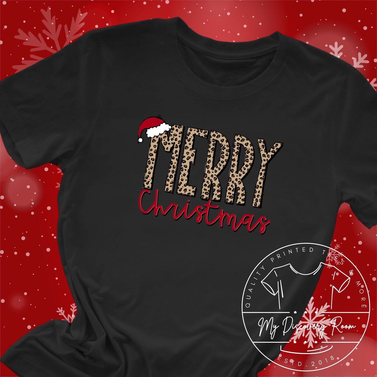 Leopard Print Merry Christmas with Santa Hat Graphic Tee