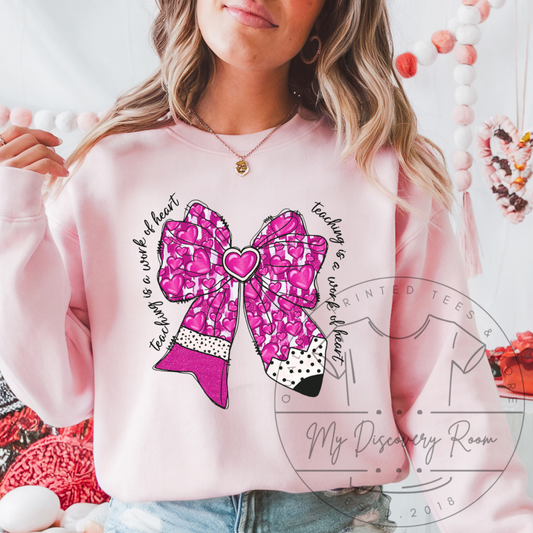 Teaching Is A Work Of Heart Pencil Bow W/ Hearts Graphic Tee