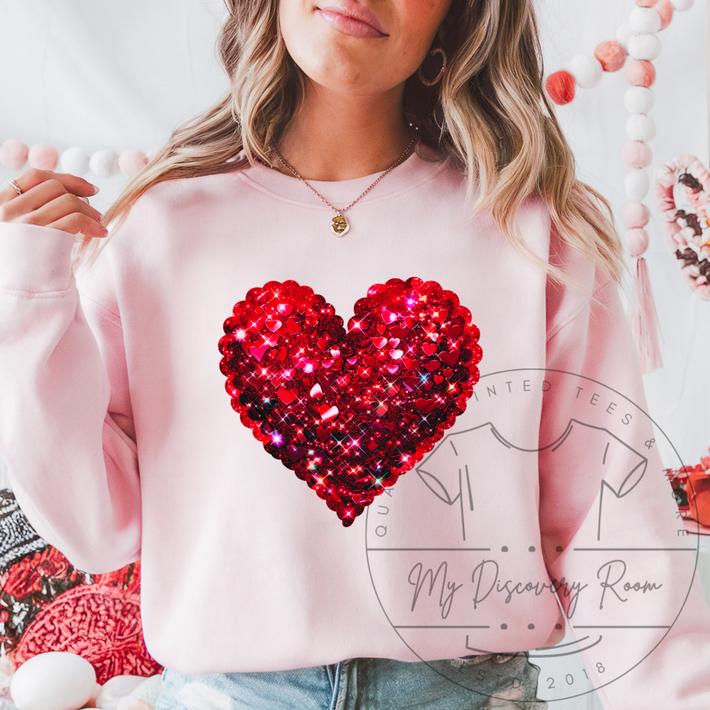 Red Heart Made Of Hearts W/ Faux Bling Graphic Tee