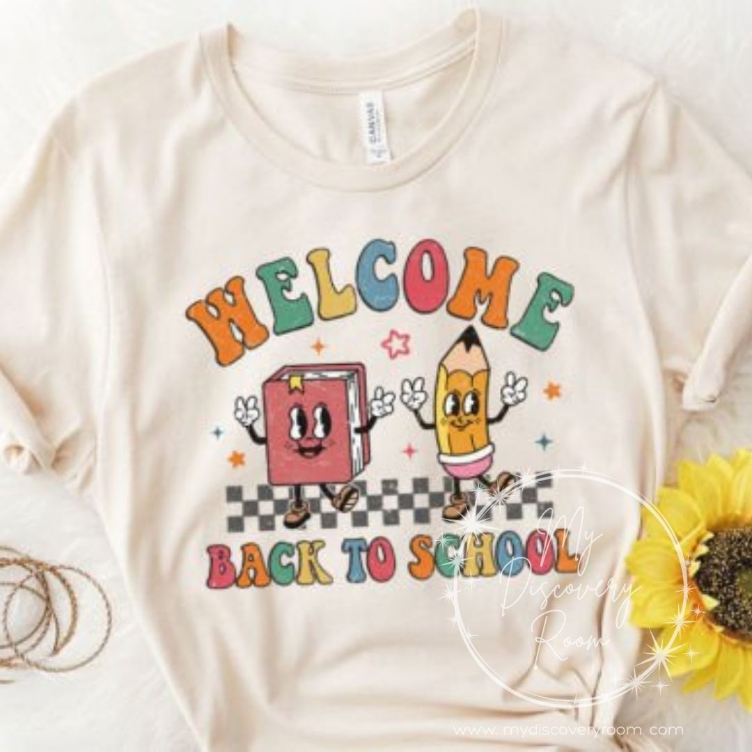 Welcome Back To School with Pencil and Book Retro Graphic Tee