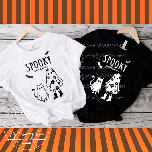 Spooky Season With Ghost Cat & Girl Graphic Tee