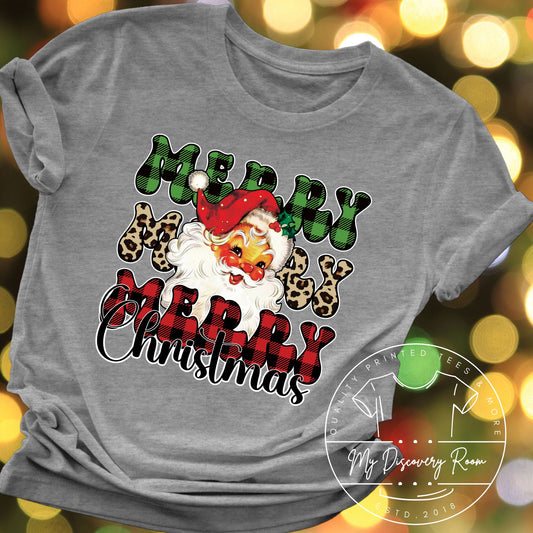 Buffalo Plaid Leopard Merry Christmas Santa Face Graphic Tee