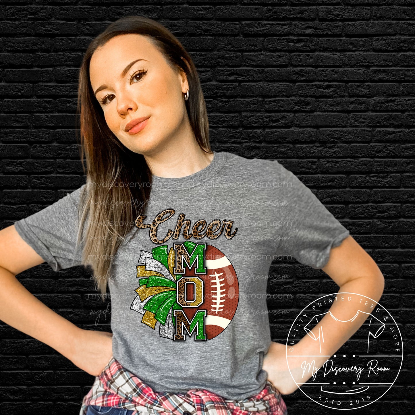 Green & Gold Cheer Mom With Football Graphic Tee