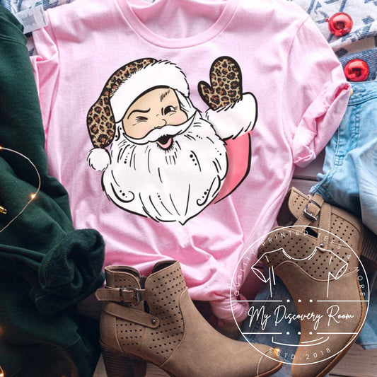 Waving Santa With Leopard Print Graphic Tee