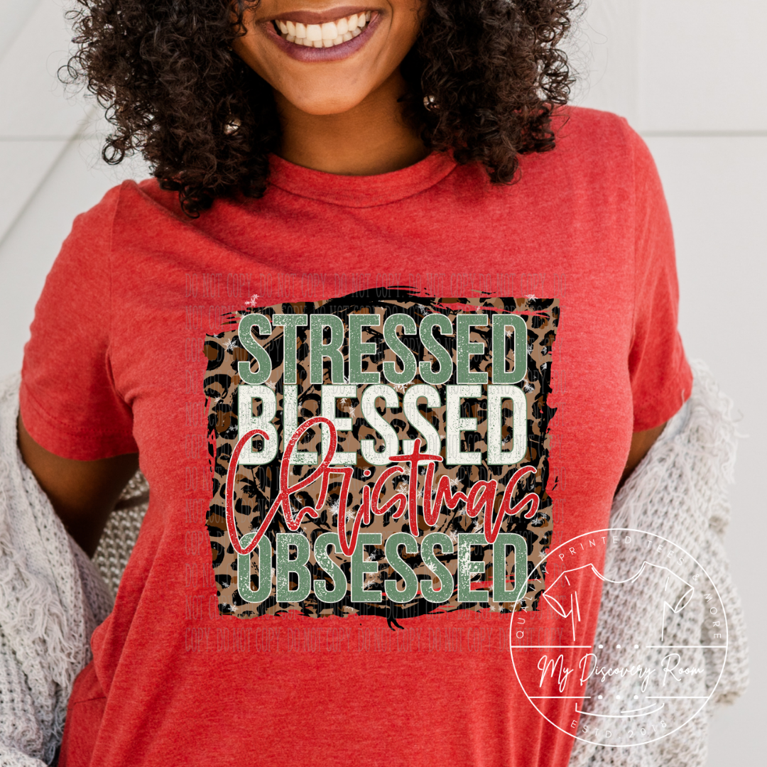 Stress Blessed And Christmas Obsessed Leopard Background Graphic Tee