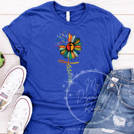 Colorful Sunflower With Jesus Stem Graphic Tee