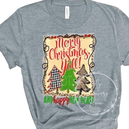 Merry Christmas Y'all And Happy New Year With Plaid & Leopard Trees Graphic Tee