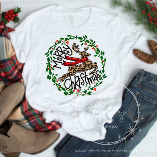 Merry Christmas Leopard Print Reindeer Graphic Tee