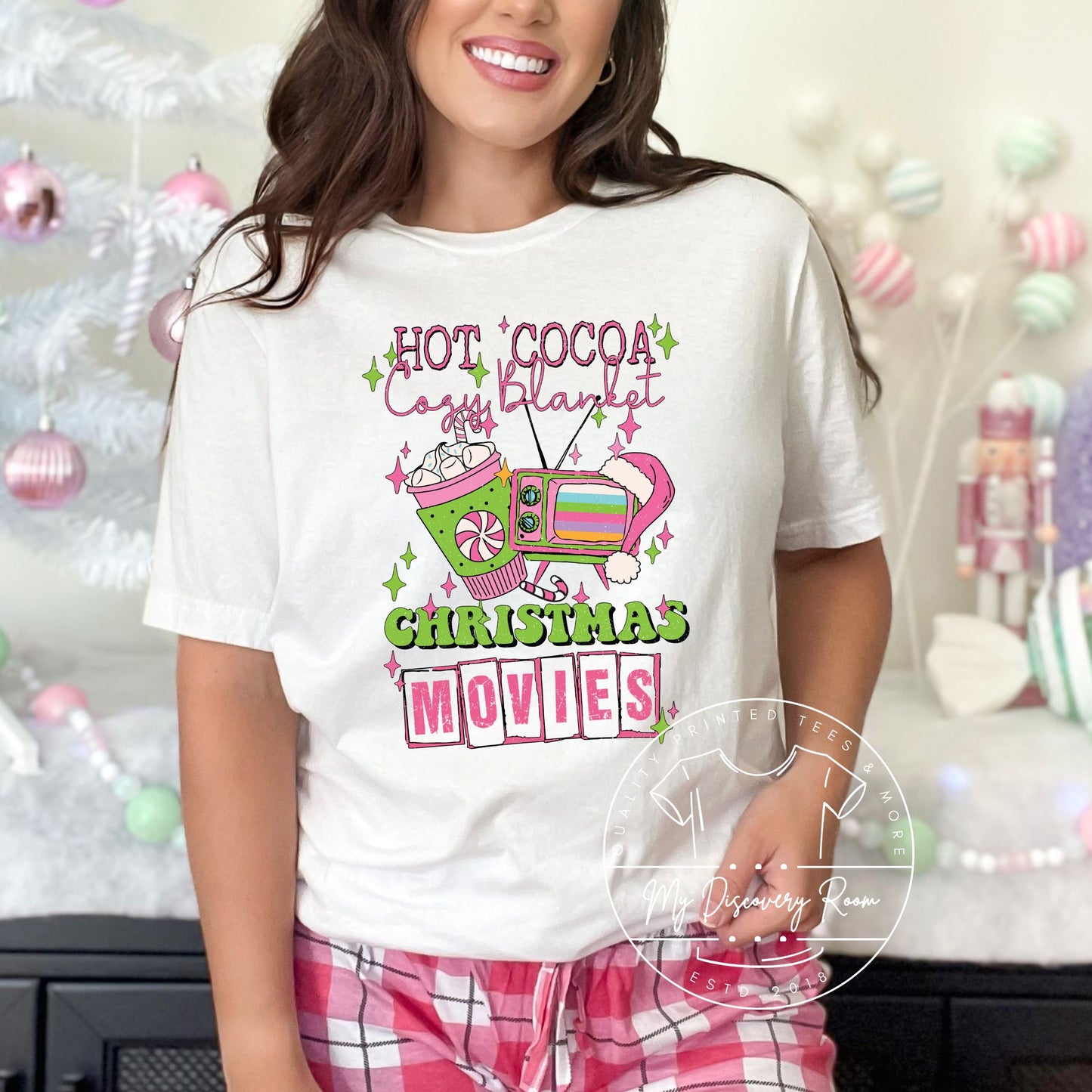 Hot cocoa cozy blanket Christmas movies graphic tee