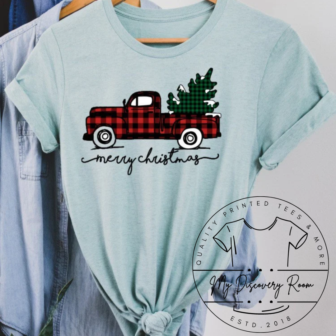 Buffalo Plaid Truck With Christmas Tree & Merry Christmas Graphic Tee