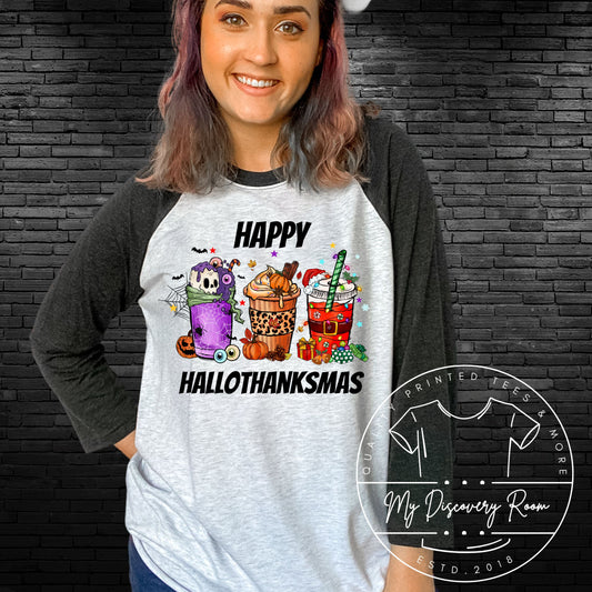 Happy HalloThanksMas Coffee Cups Graphic Tee