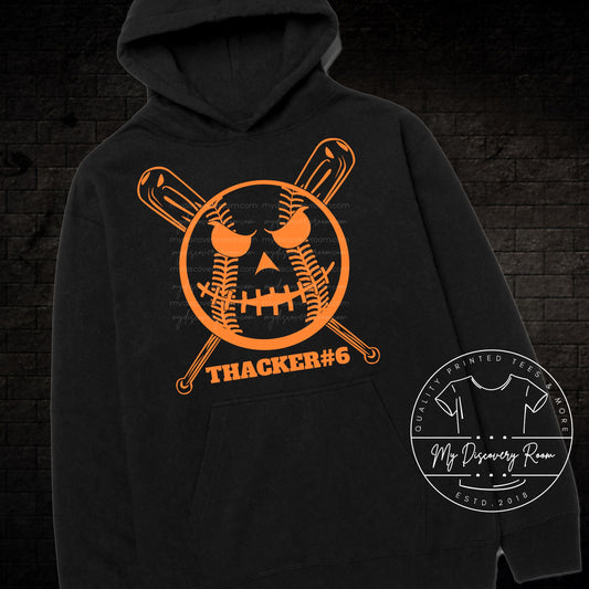 Halloween Baseball Jack Face  with Name & Number Graphic Tee Style One