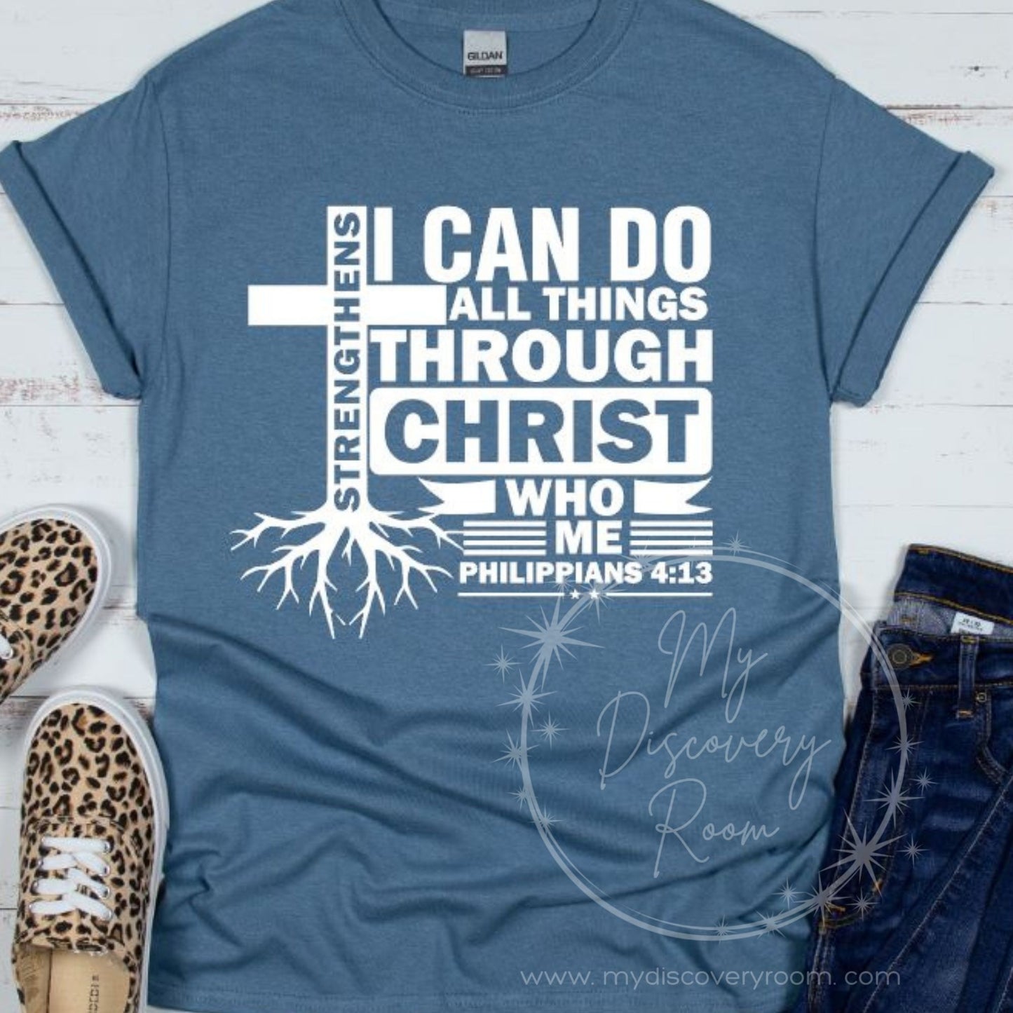 I Can Do All Things Through Christ Cross w/Roots Philippians 4:13  Graphic Tee