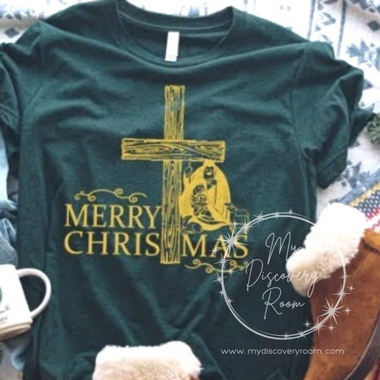 Merry Christmas w/Nativity & Cross Graphic Tee