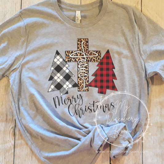 Merry Christmas with Leopard Cross & Buffalo Plaid Trees Graphic Tee